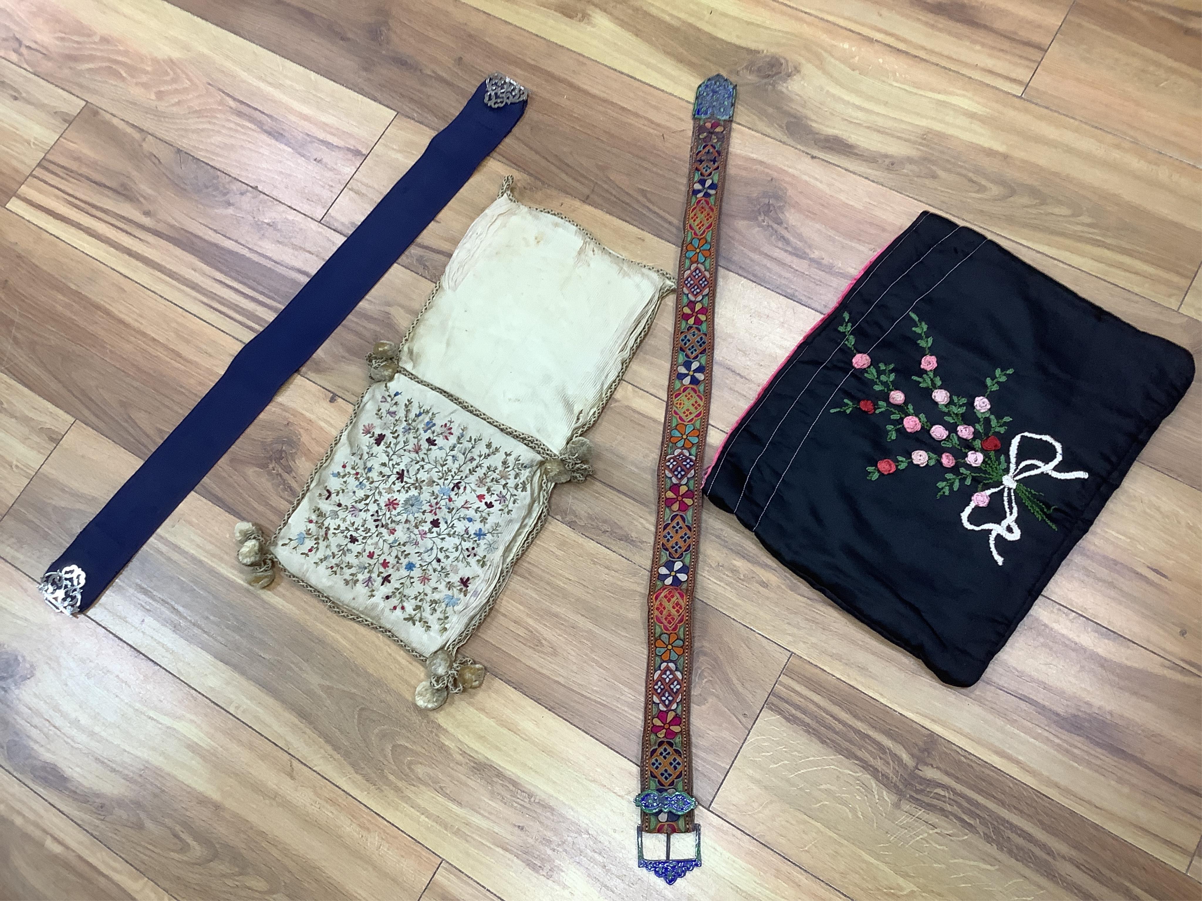 A collection of textiles: a ribbon work hankie and pyjama case, a metalwork collar, a coloured printed shawl, a nurses belt and embroidered belt, an advertising Guggenheim Bilbau hankie etc (10). Hankie case 22cm square.